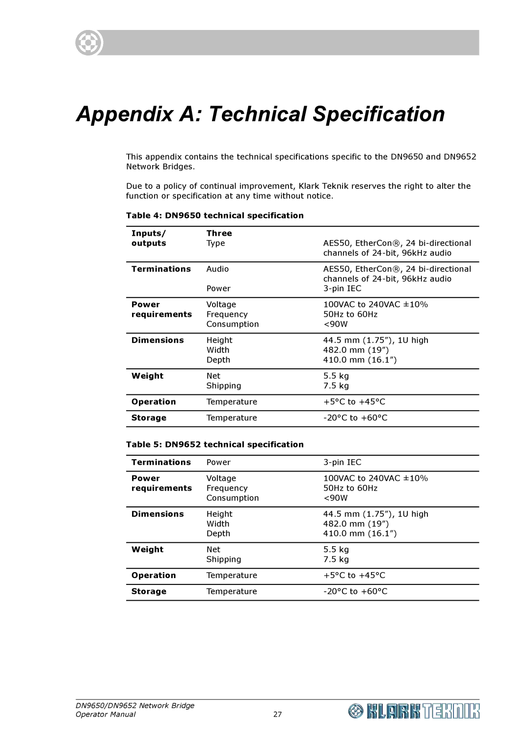 Klark Teknik DN 9650, DN9652 specifications Appendix a Technical Specification 