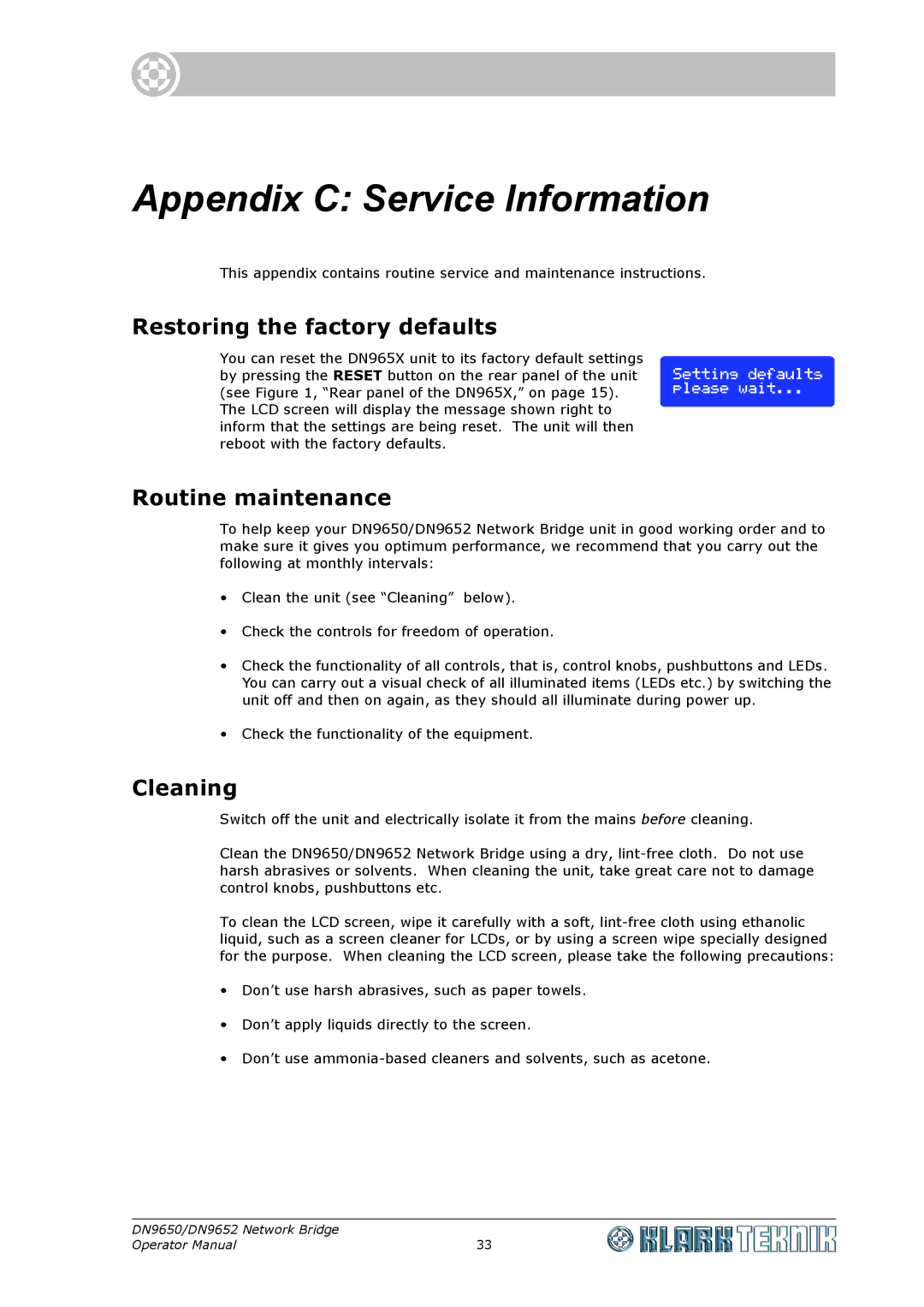 Klark Teknik DN 9650, DN9652 Appendix C Service Information, Restoring the factory defaults, Routine maintenance, Cleaning 