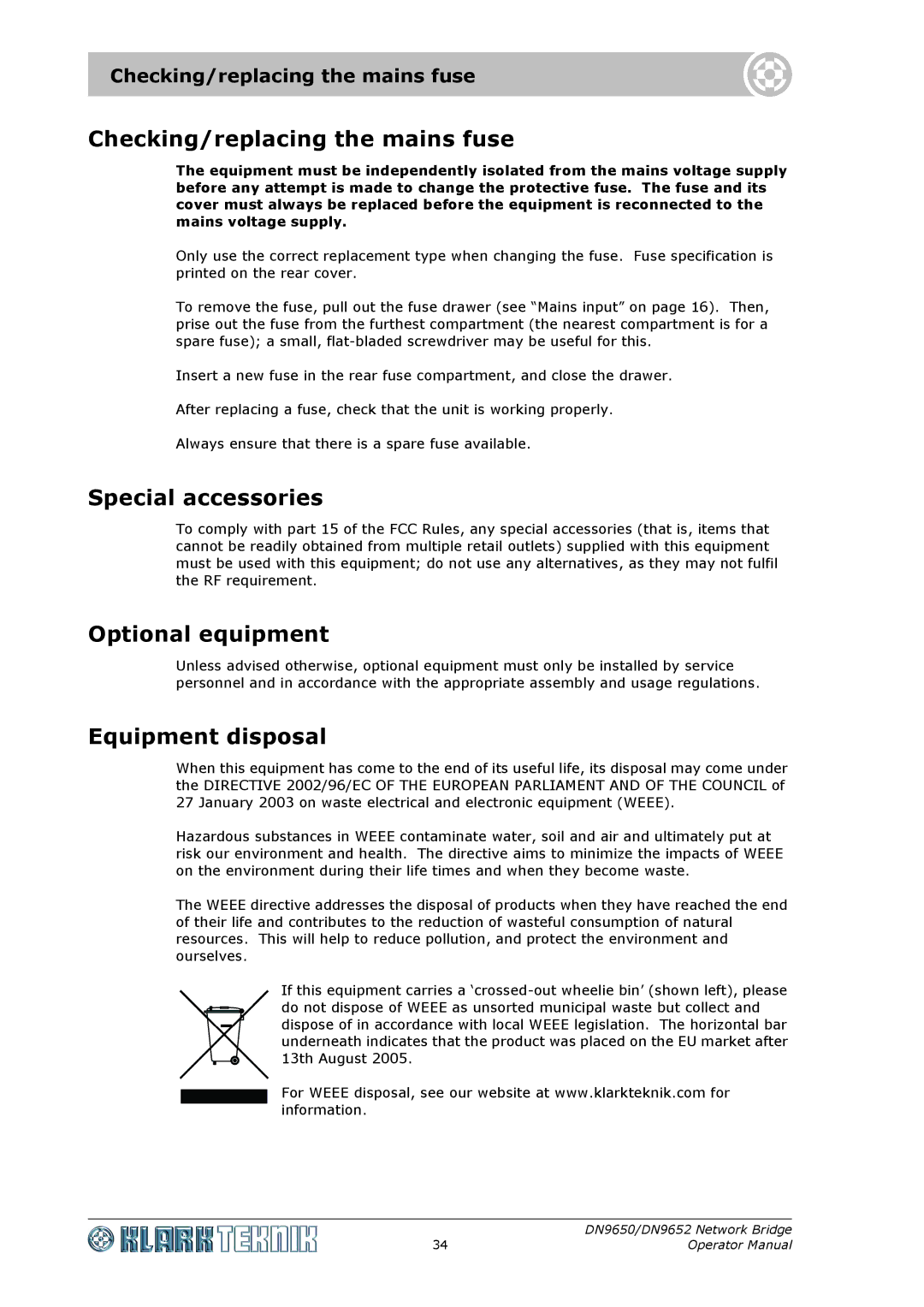 Klark Teknik DN9652 Checking/replacing the mains fuse, Special accessories, Optional equipment, Equipment disposal 