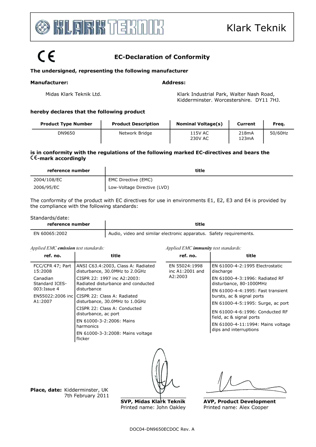 Klark Teknik DN 9650, DN9652 specifications Klark Teknik, Hereby declares that the following product 