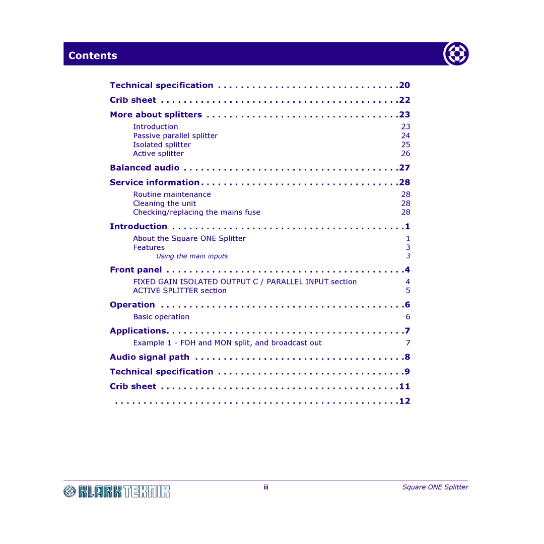 Klark Teknik DY11 7HJ manual Technical specification Crib sheet More about splitters, Balanced audio Service information 