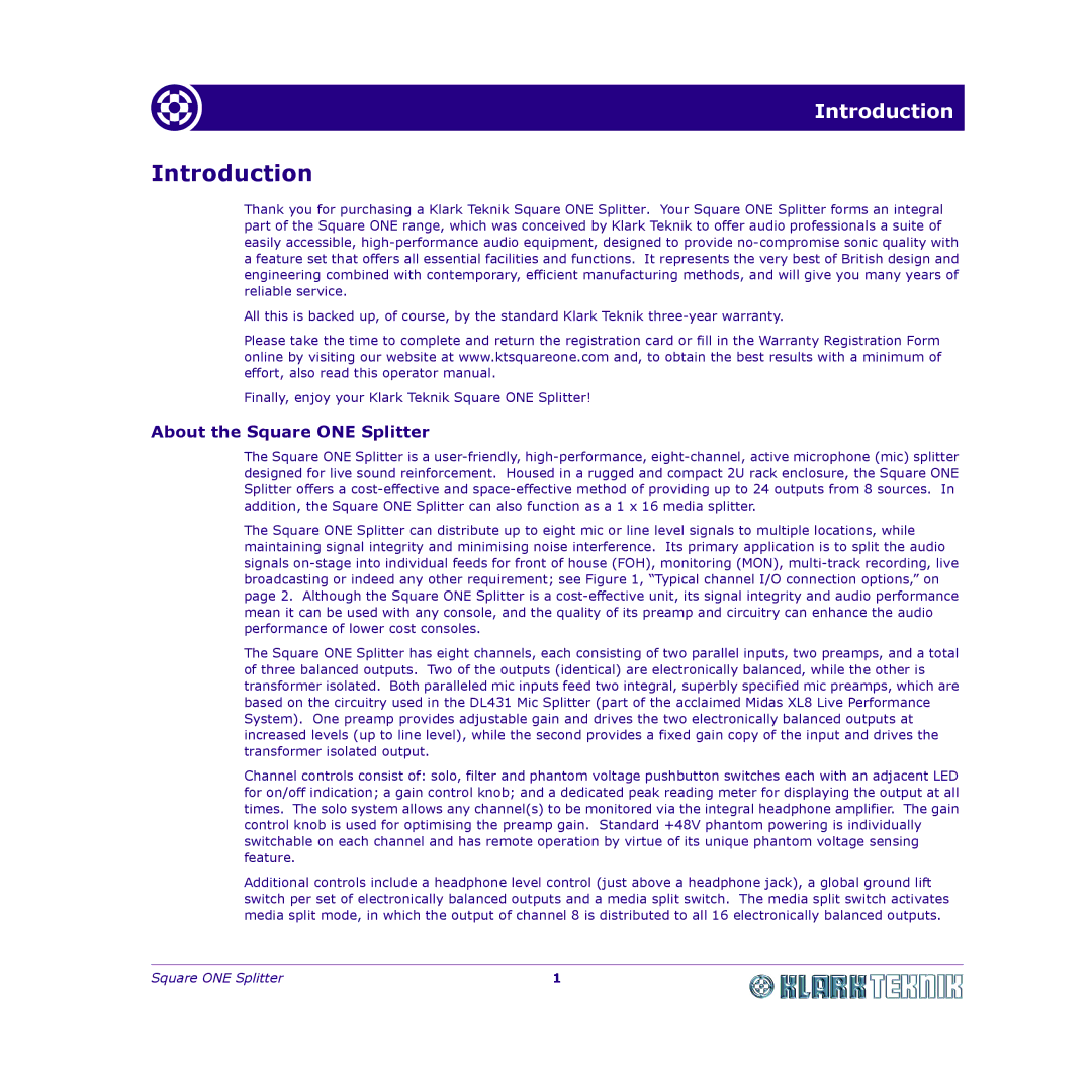 Klark Teknik DY11 7HJ manual Introduction, About the Square ONE Splitter 