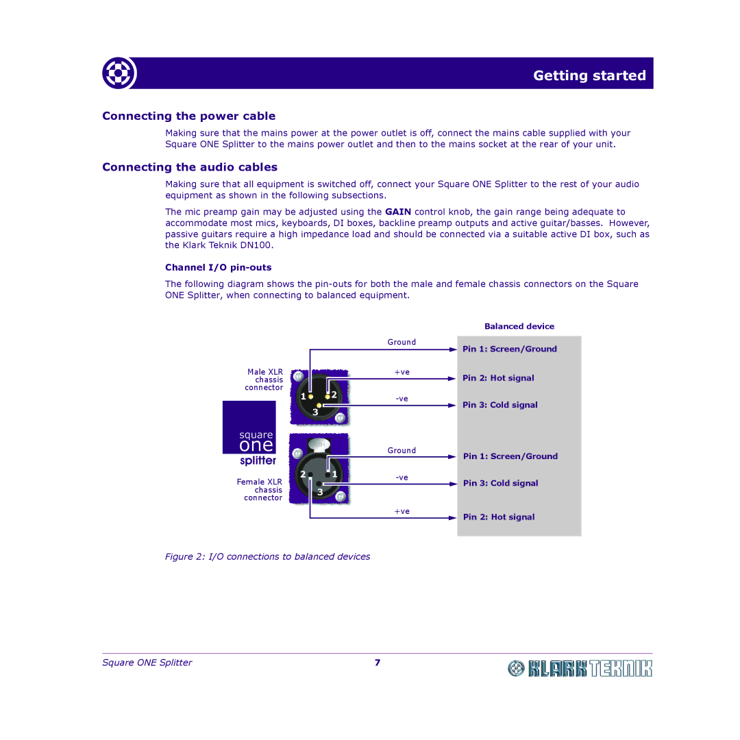 Klark Teknik DY11 7HJ manual Connecting the power cable, Connecting the audio cables, Channel I/O pin-outs 