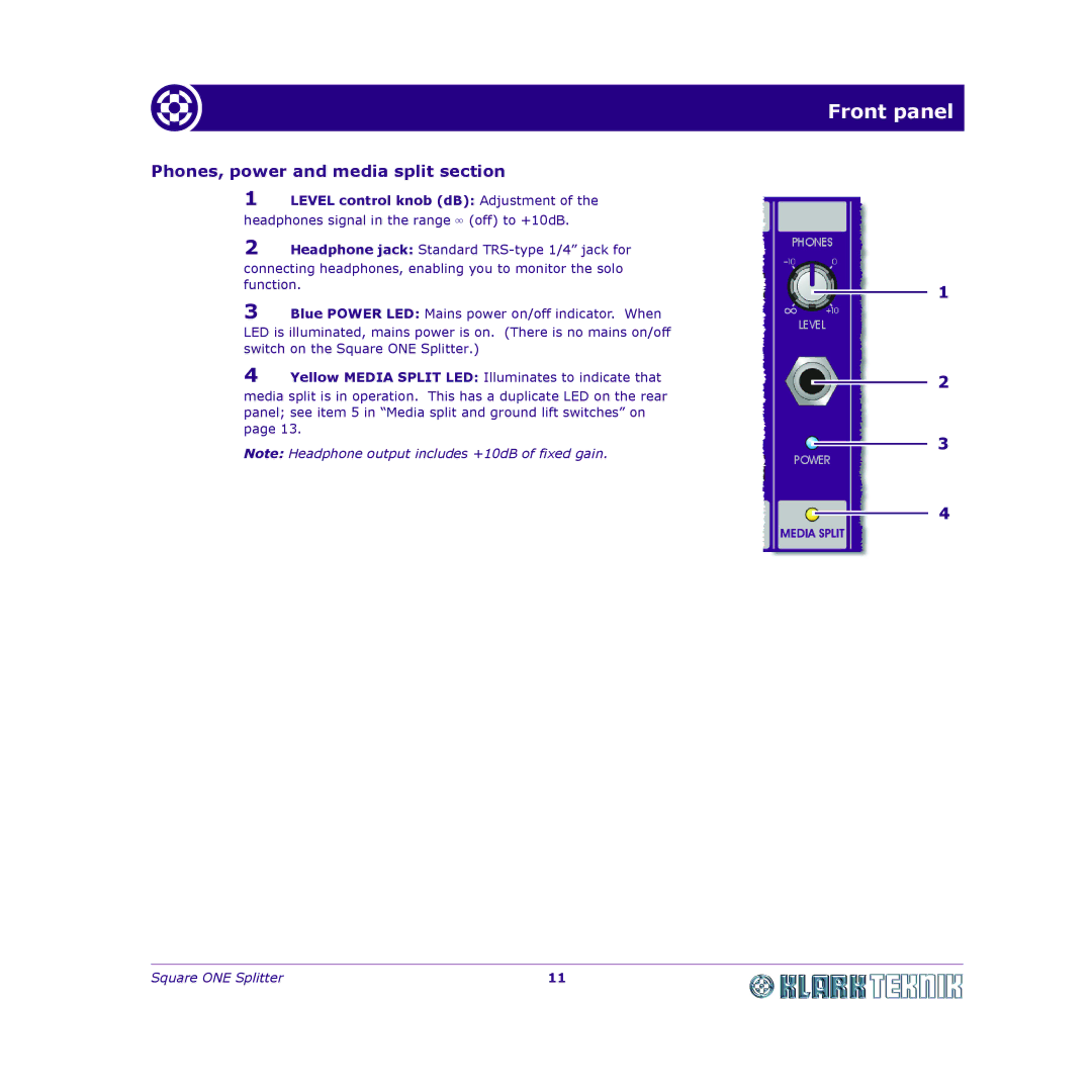 Klark Teknik DY11 7HJ manual Phones, power and media split section, Level control knob dB Adjustment 