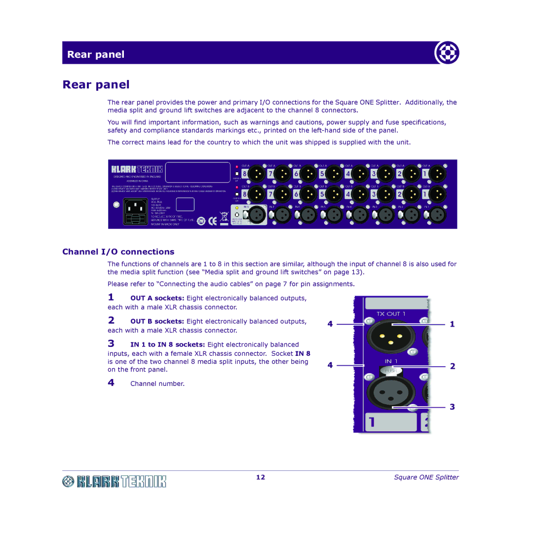 Klark Teknik DY11 7HJ manual Rear panel, Channel I/O connections 