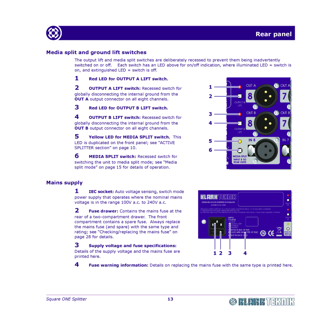 Klark Teknik DY11 7HJ manual Media split and ground lift switches, Mains supply, Yellow LED for Media Split switch. This 