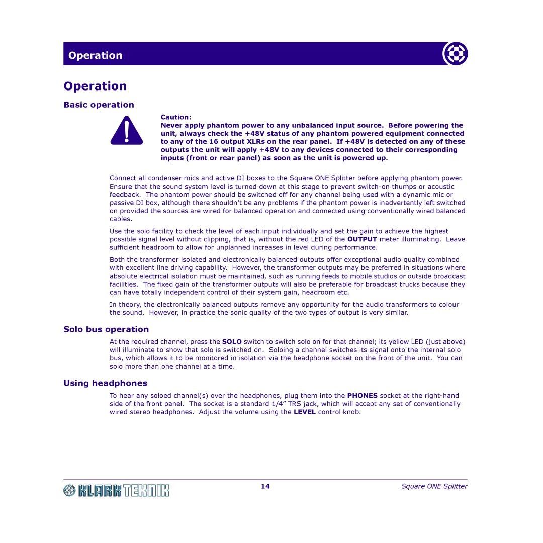 Klark Teknik DY11 7HJ manual Operation, Basic operation, Solo bus operation, Using headphones 