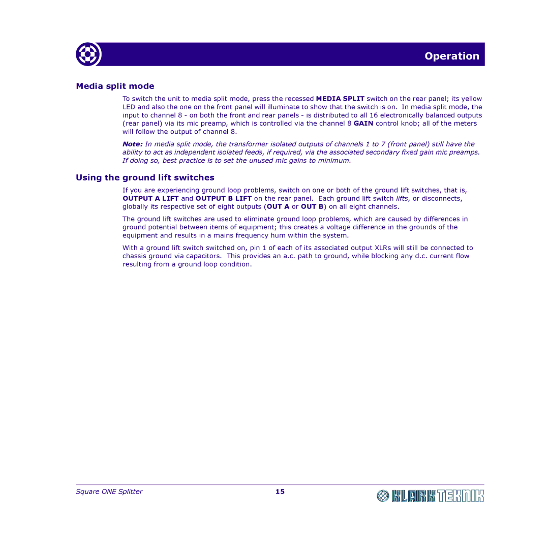 Klark Teknik DY11 7HJ manual Media split mode, Using the ground lift switches 
