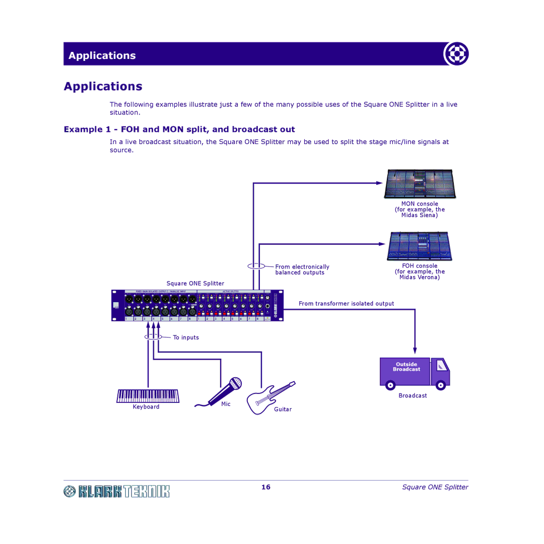 Klark Teknik DY11 7HJ manual Applications, Example 1 FOH and MON split, and broadcast out 