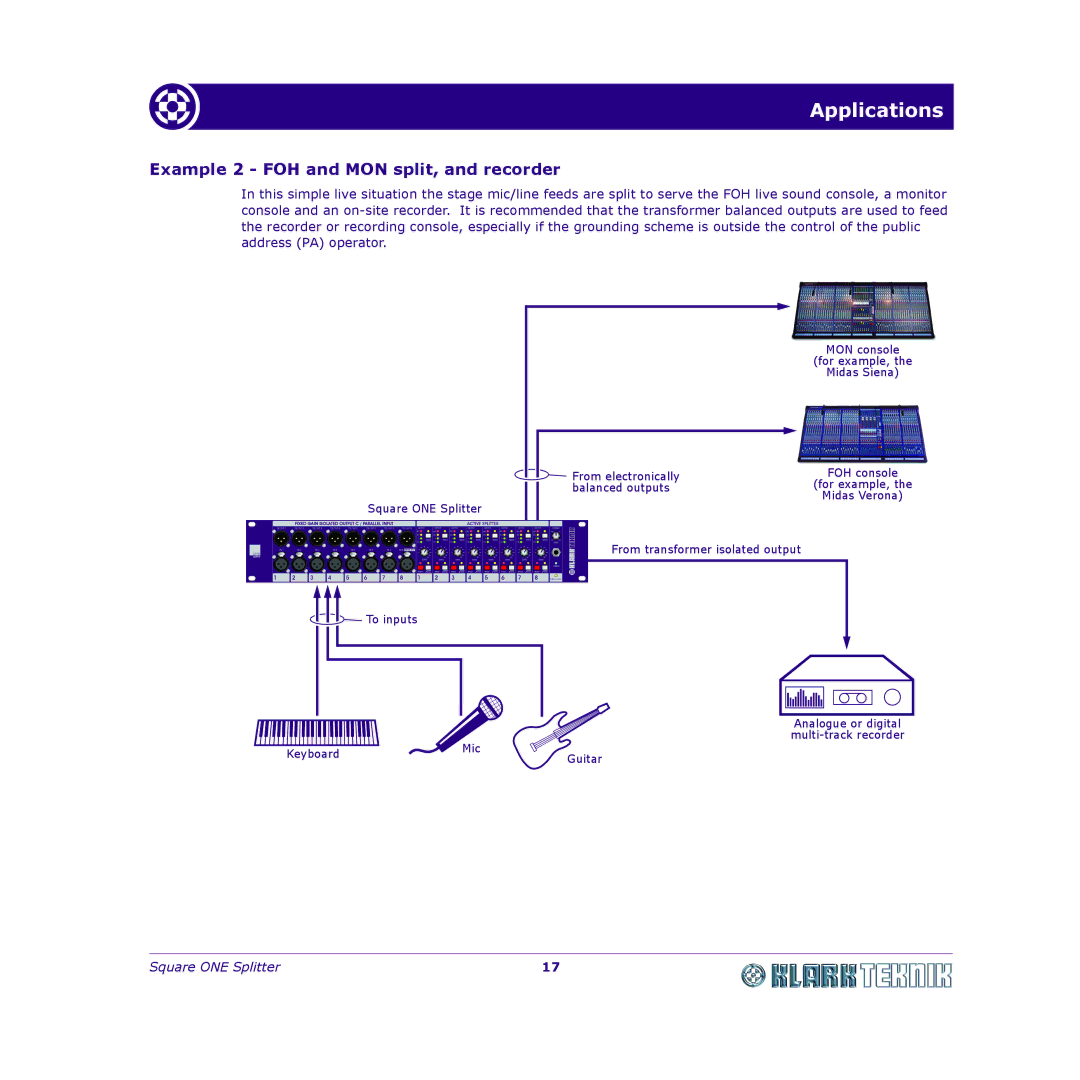 Klark Teknik DY11 7HJ manual Example 2 FOH and MON split, and recorder 