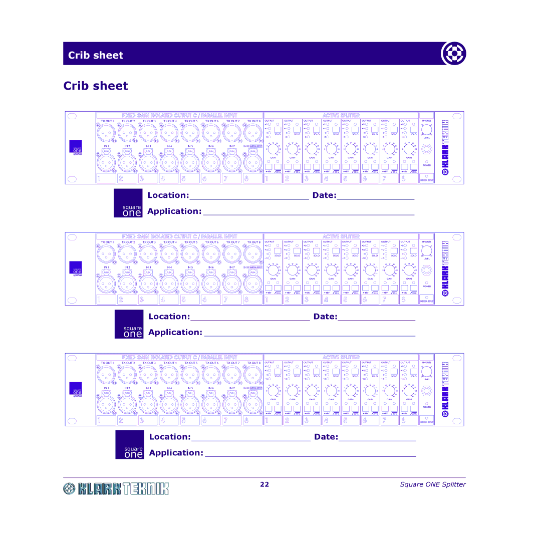 Klark Teknik DY11 7HJ manual Crib sheet, Location Date Application 