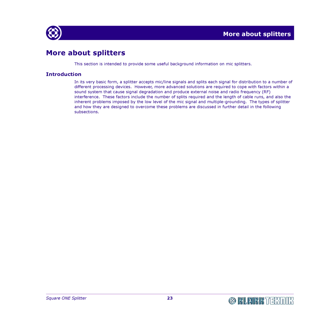 Klark Teknik DY11 7HJ manual More about splitters, Introduction 