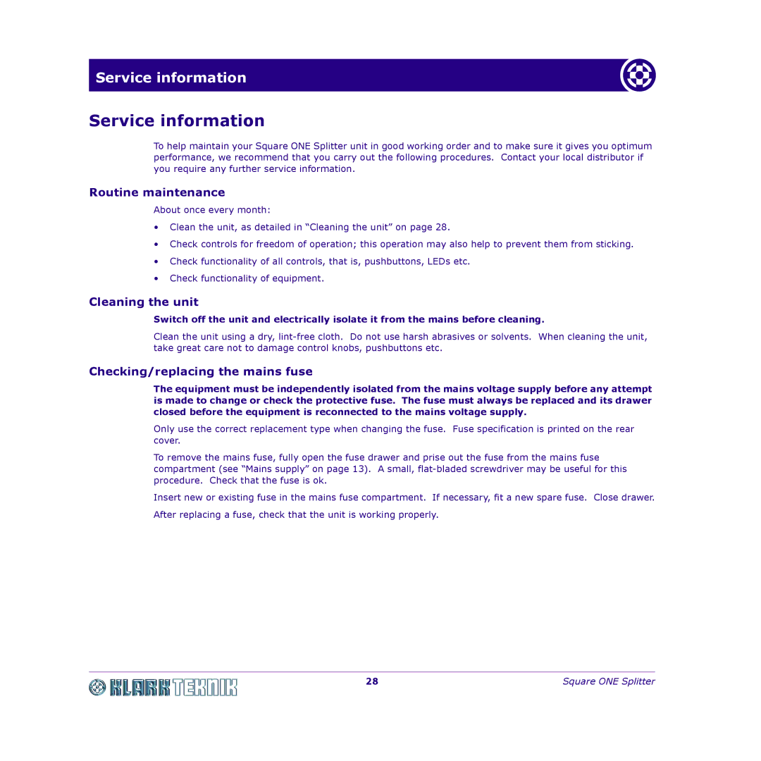 Klark Teknik DY11 7HJ manual Service information, Routine maintenance, Cleaning the unit, Checking/replacing the mains fuse 