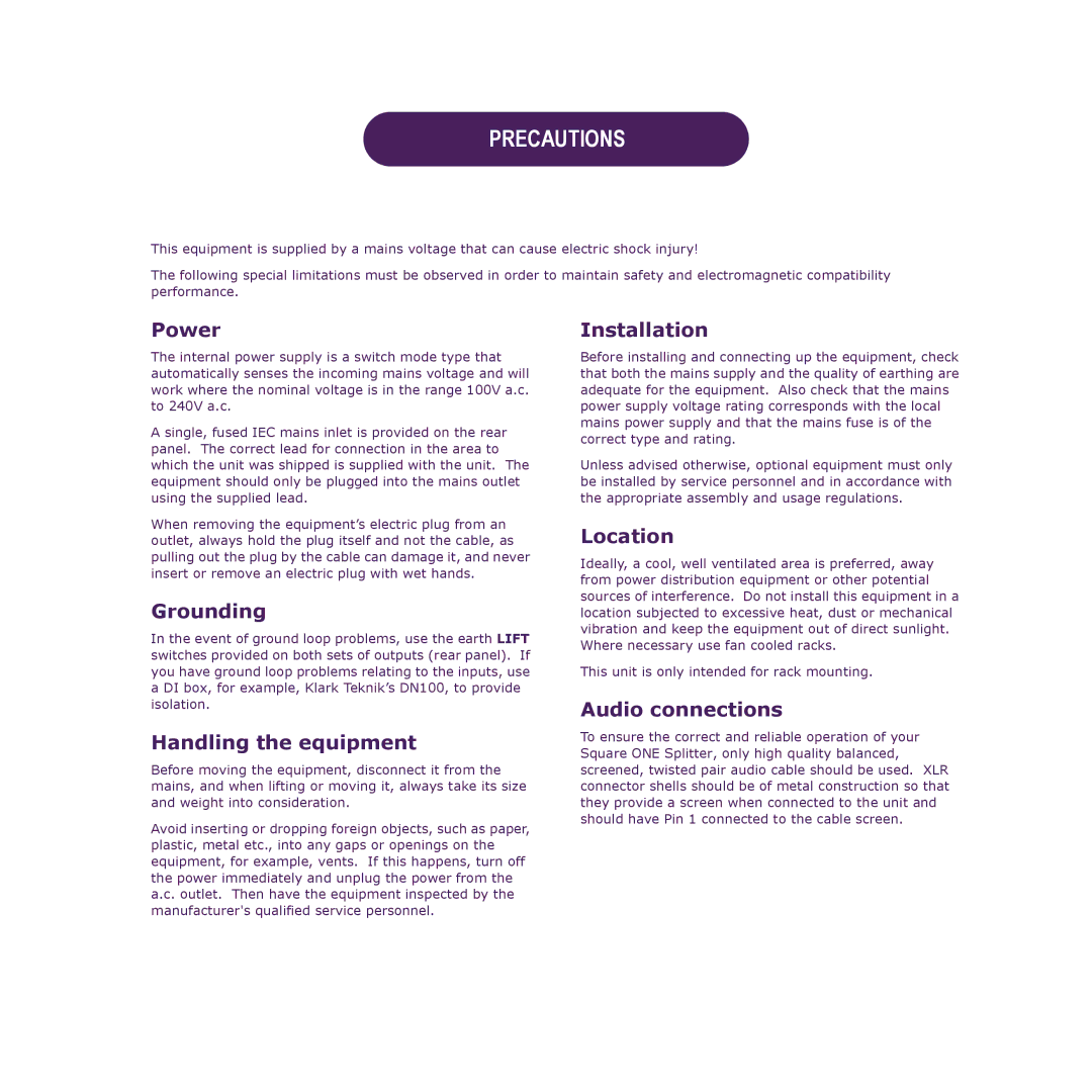 Klark Teknik DY11 7HJ manual Precautions 