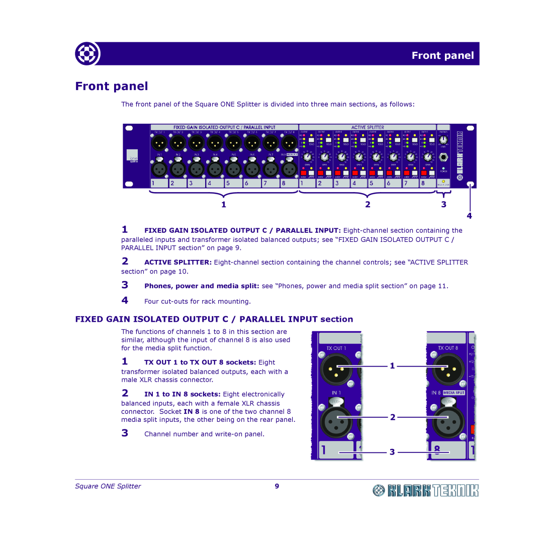 Klark Teknik DY11 7HJ manual Front panel, TX OUT 1 to TX OUT 8 sockets Eight, 2 IN 1 to IN 8 sockets Eight electronically 
