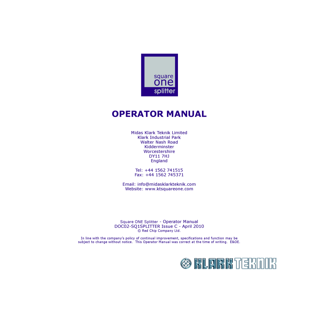 Klark Teknik DY11 7HJ manual Operator Manual, Midas Klark Teknik Limited Klark Industrial Park Walter Nash Road 