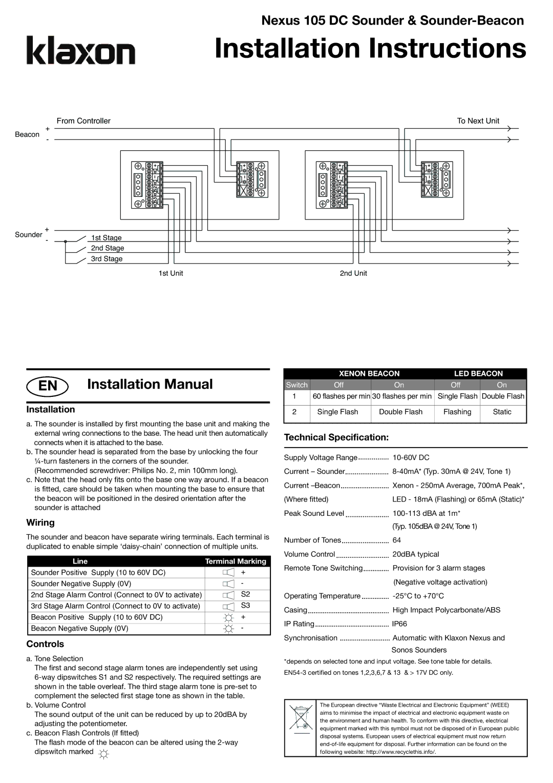 Klaxon 105 DC installation instructions Installation Manual, Wiring, Controls, Technical Specification 