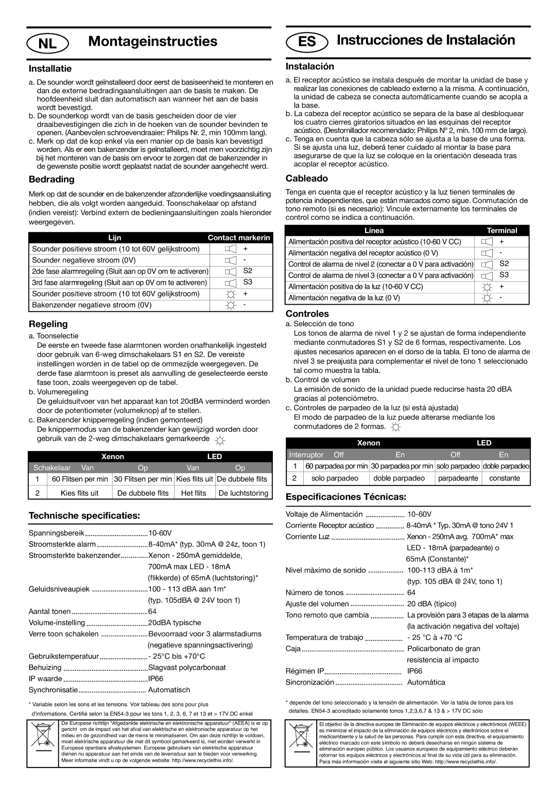 Klaxon 105 DC installation instructions NL Montageinstructies, ES Instrucciones de Instalación 