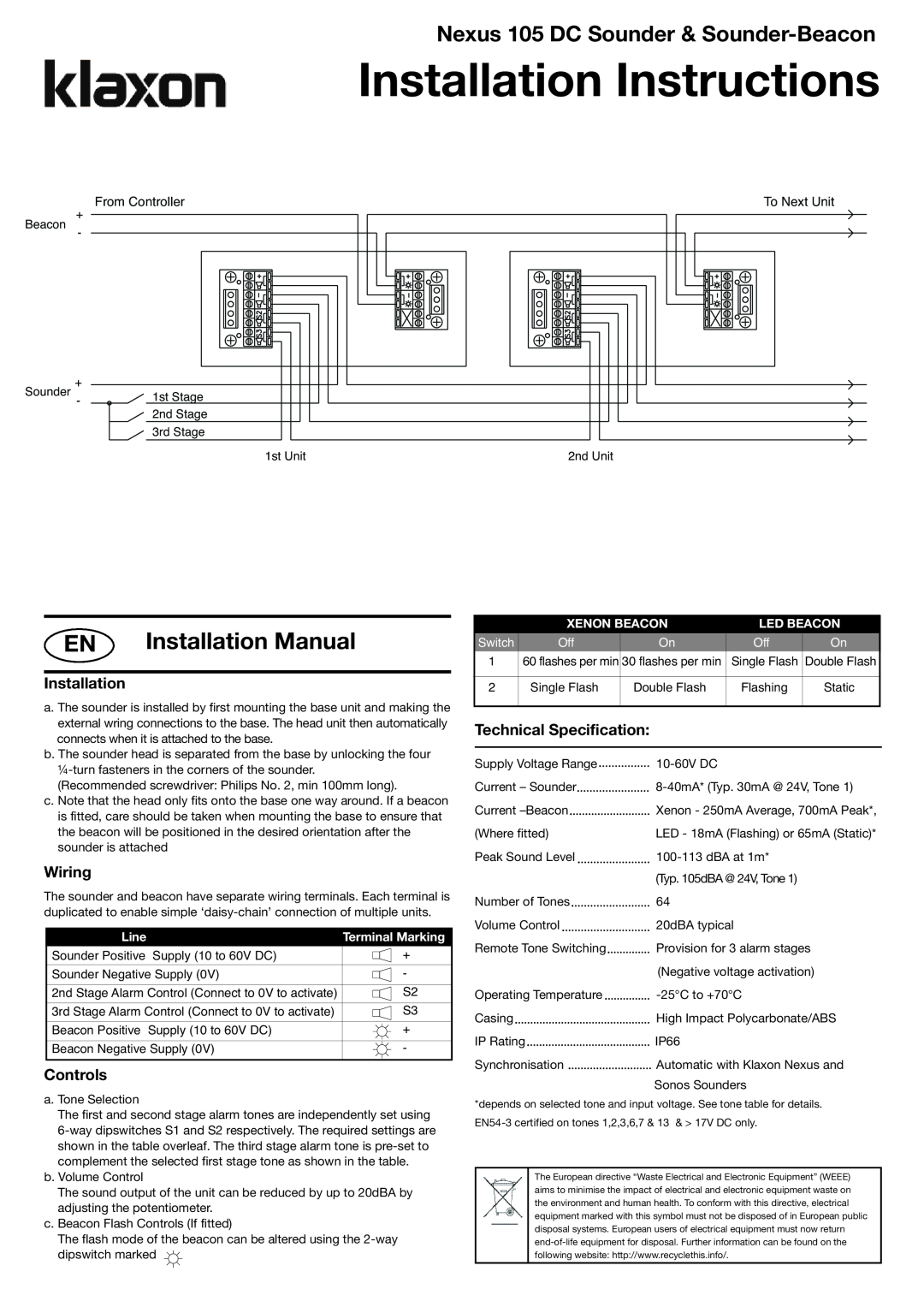Klaxon 105 DC Installation Manual, Wiring, Controls, Technical Specification, Line, Xenon Beacon, Led Beacon, Switch 
