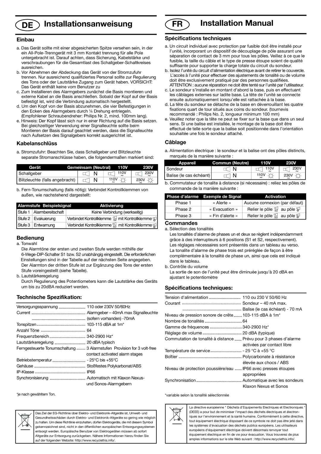 Klaxon 110 AC installation instructions DE Installationsanweisung 