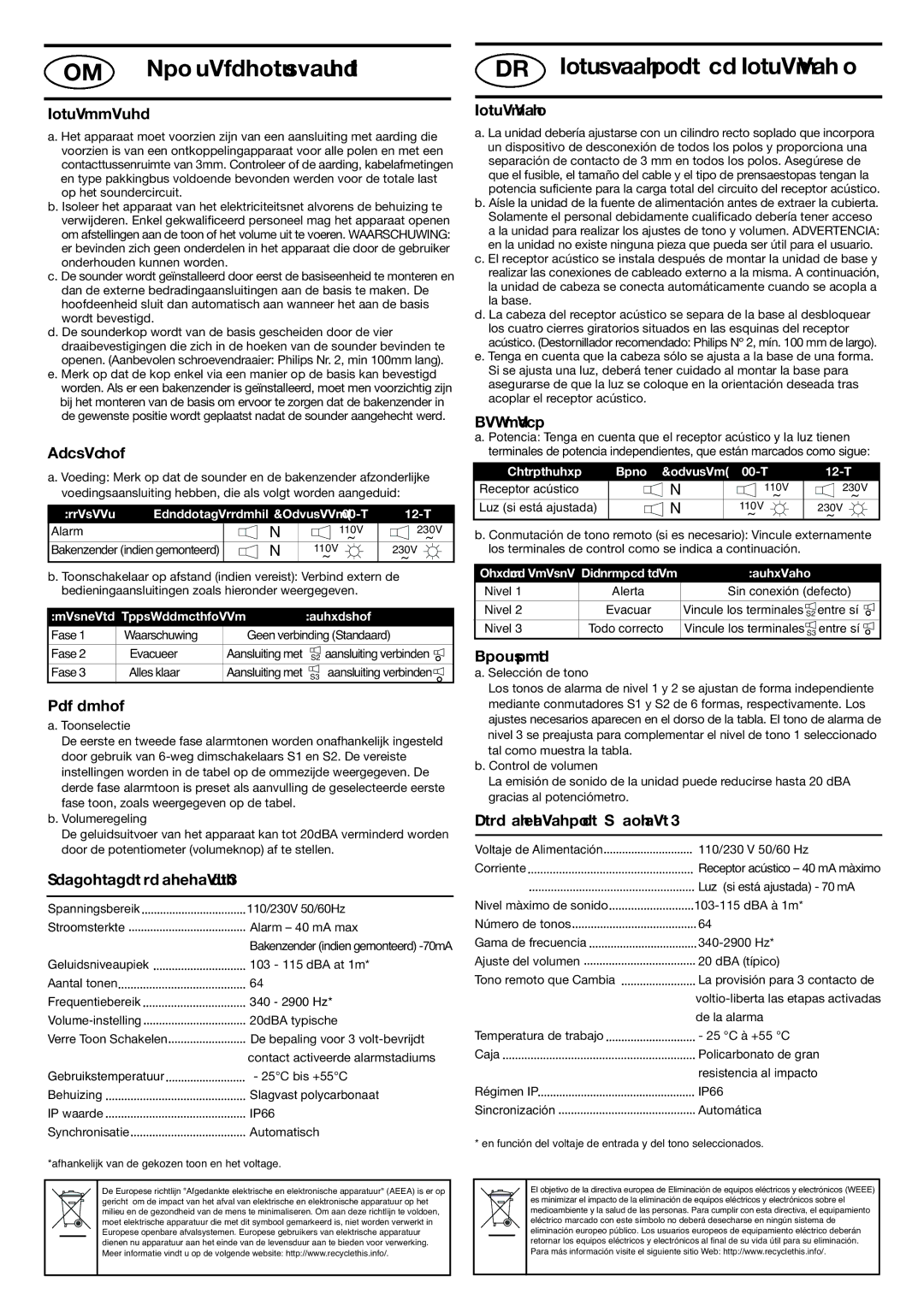 Klaxon 110 AC installation instructions NL Montageinstructies, ES Instrucciones de Instalación 