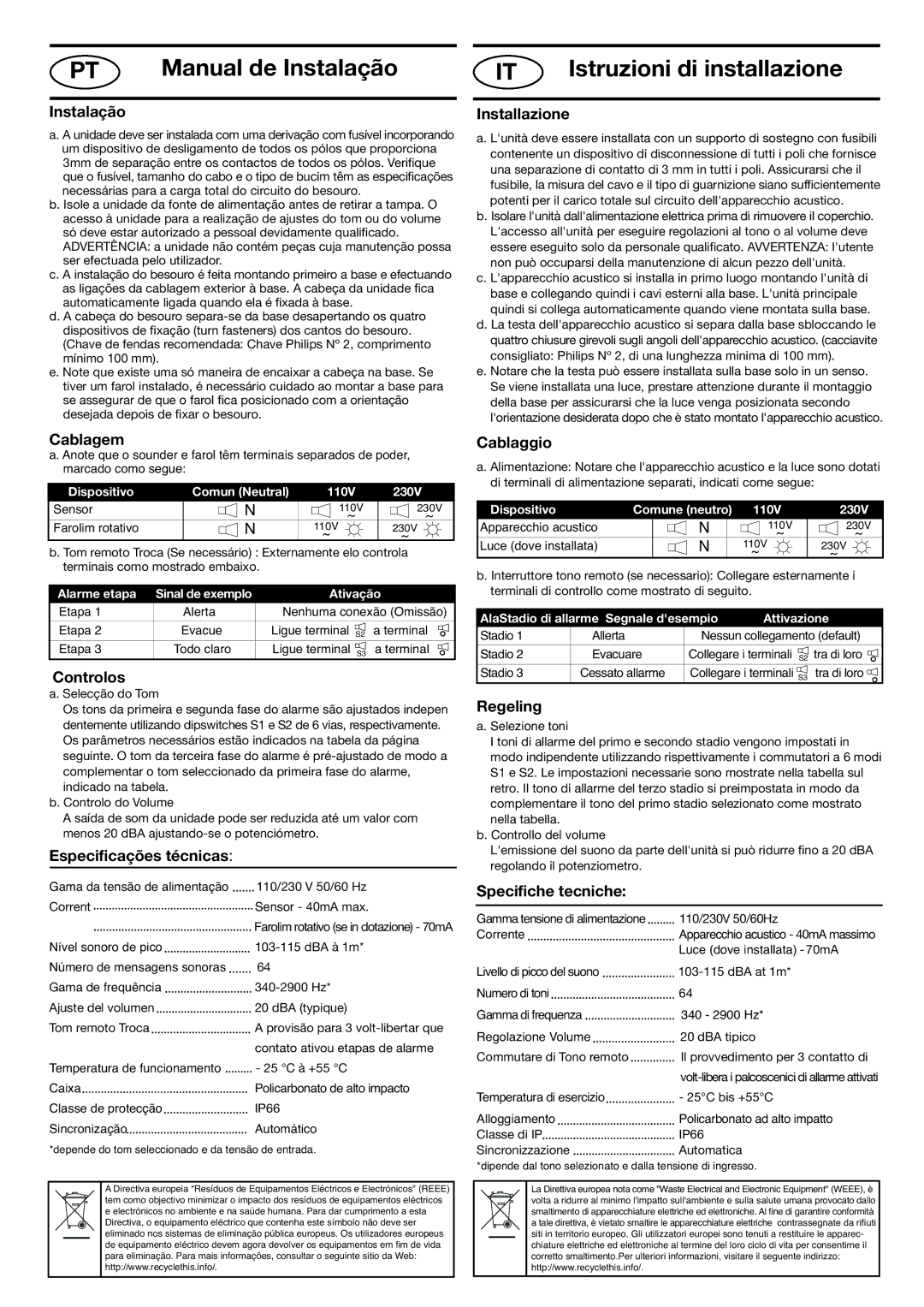 Klaxon 110 AC installation instructions Manual de Instalação, Istruzioni di installazione 