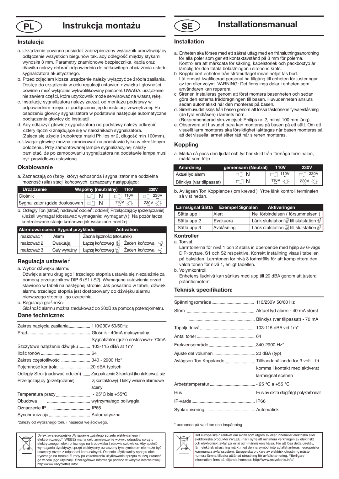 Klaxon 110 AC installation instructions SE Installationsmanual 