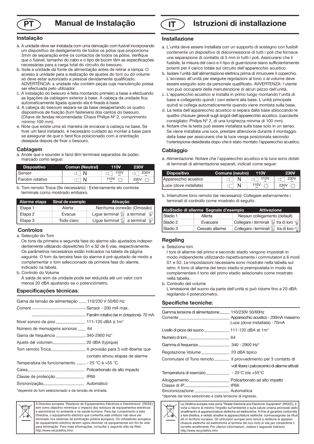 Klaxon 120 AC installation instructions Manual de Instalação, Istruzioni di installazione 