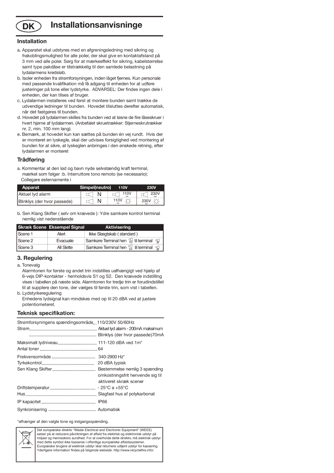 Klaxon 120 AC DK Installationsanvisninge, Trådføring, Regulering, Apparat Simpelneutro Blinklys der hvor passede 