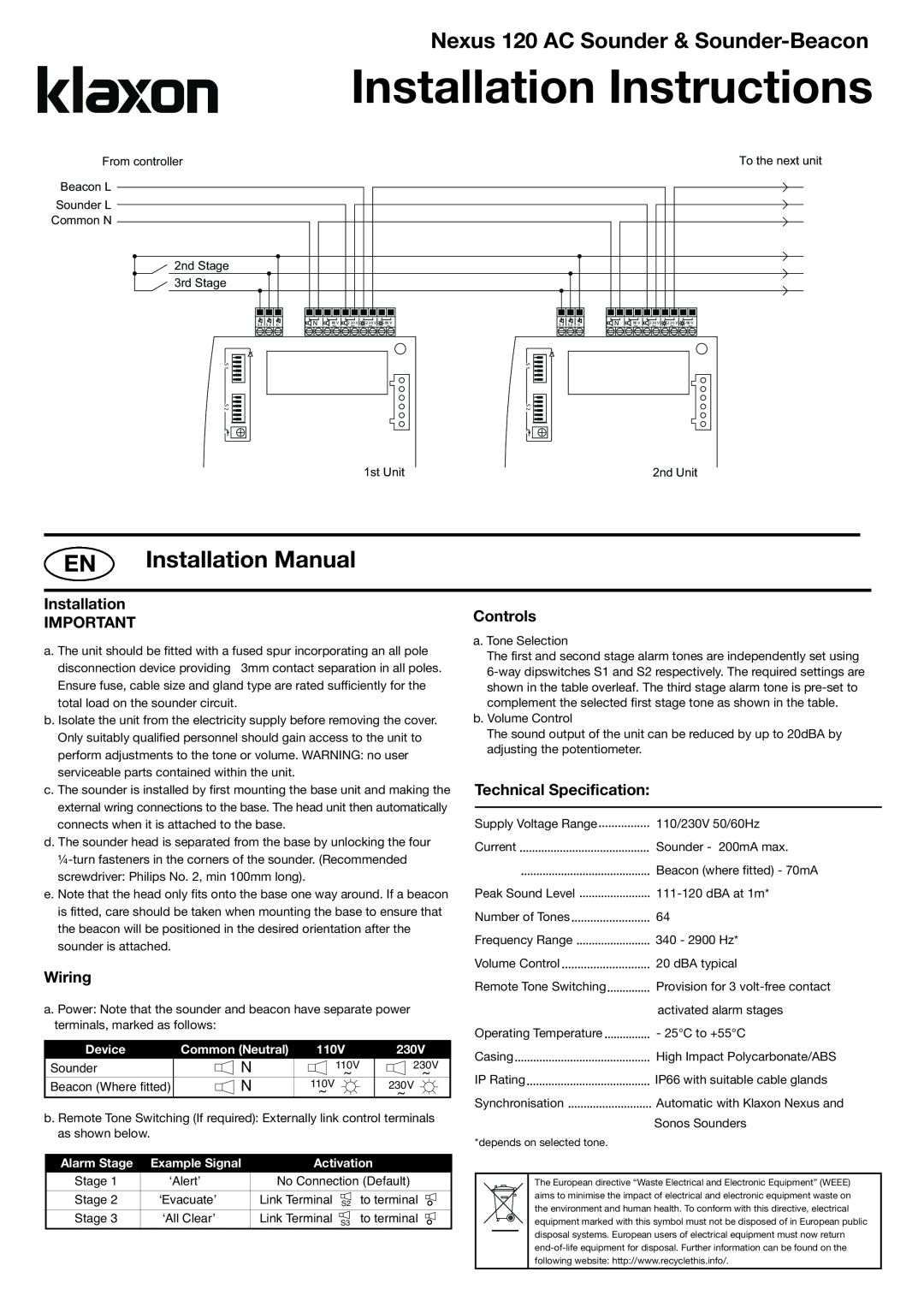 Klaxon 120 AC Installation Manual, Controls, Technical Specification, Wiring, Installation Instructions 