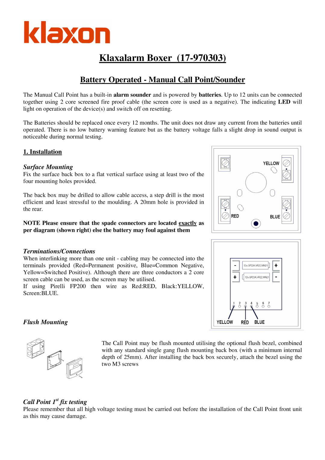 Klaxon 17-970303 manual Installation, Surface Mounting, Terminations/Connections, Flush Mounting 