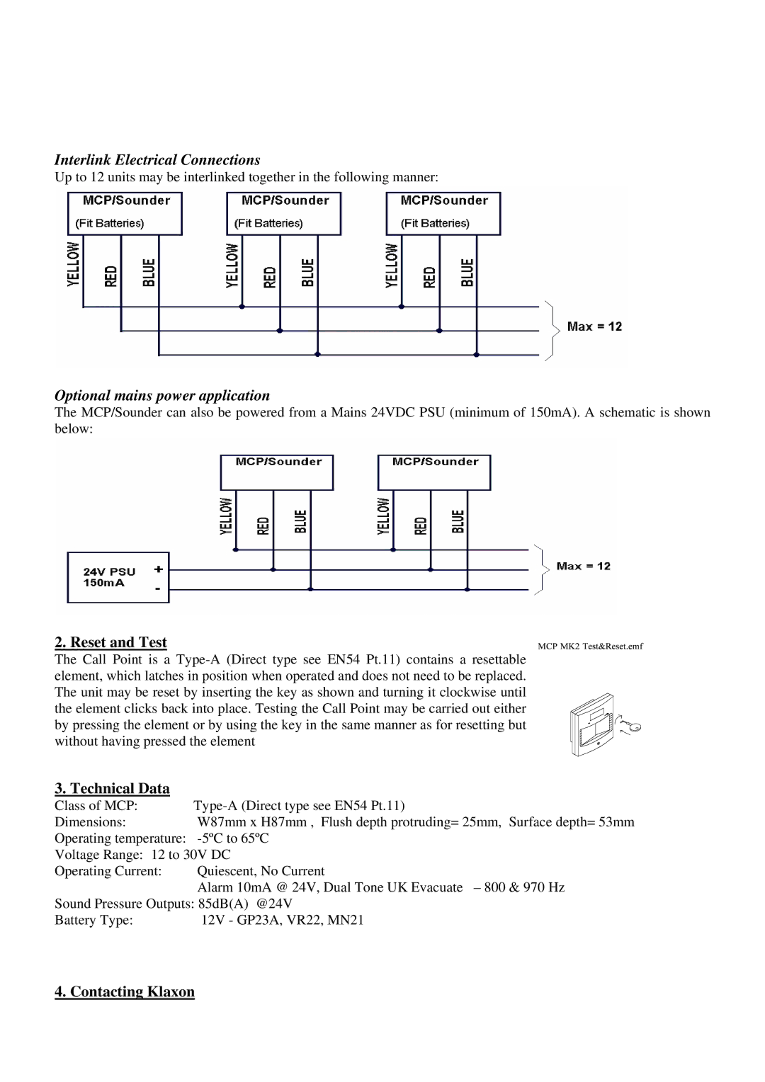 Klaxon 17-970303 manual Interlink Electrical Connections, Optional mains power application, Reset and Test, Technical Data 