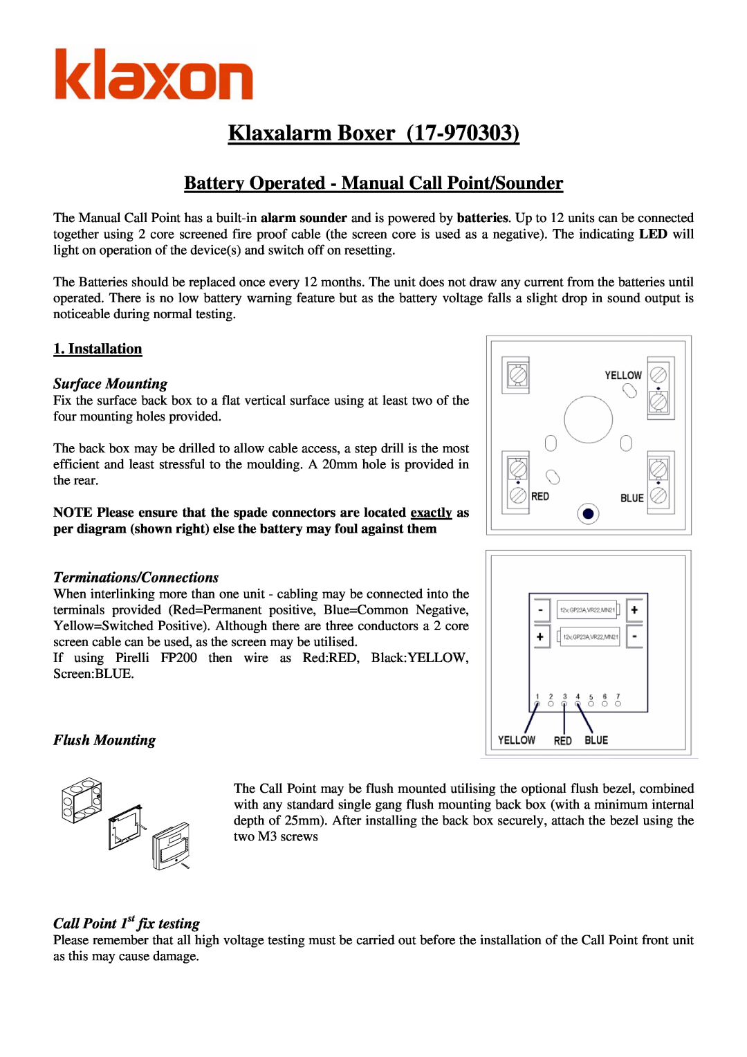 Klaxon 17-970303 manual Installation, Surface Mounting, Terminations/Connections, Flush Mounting, Klaxalarm Boxer 