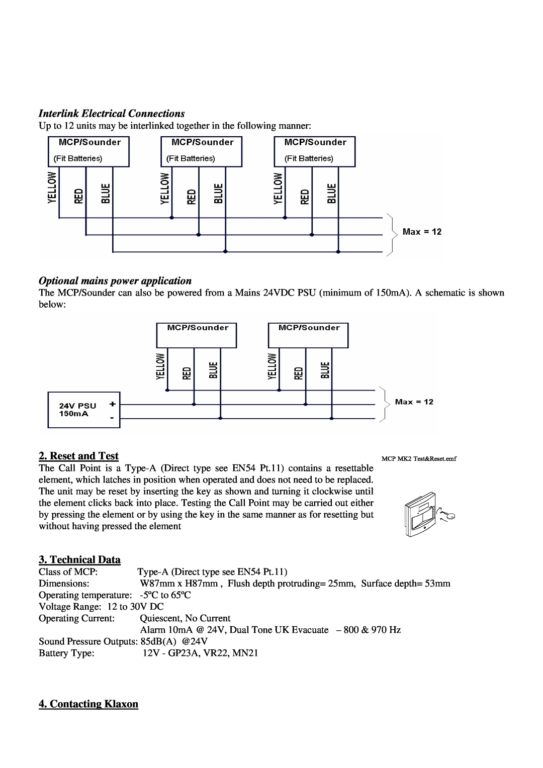 Klaxon 17-970303 manual Interlink Electrical Connections, Optional mains power application, Reset and Test, Technical Data 