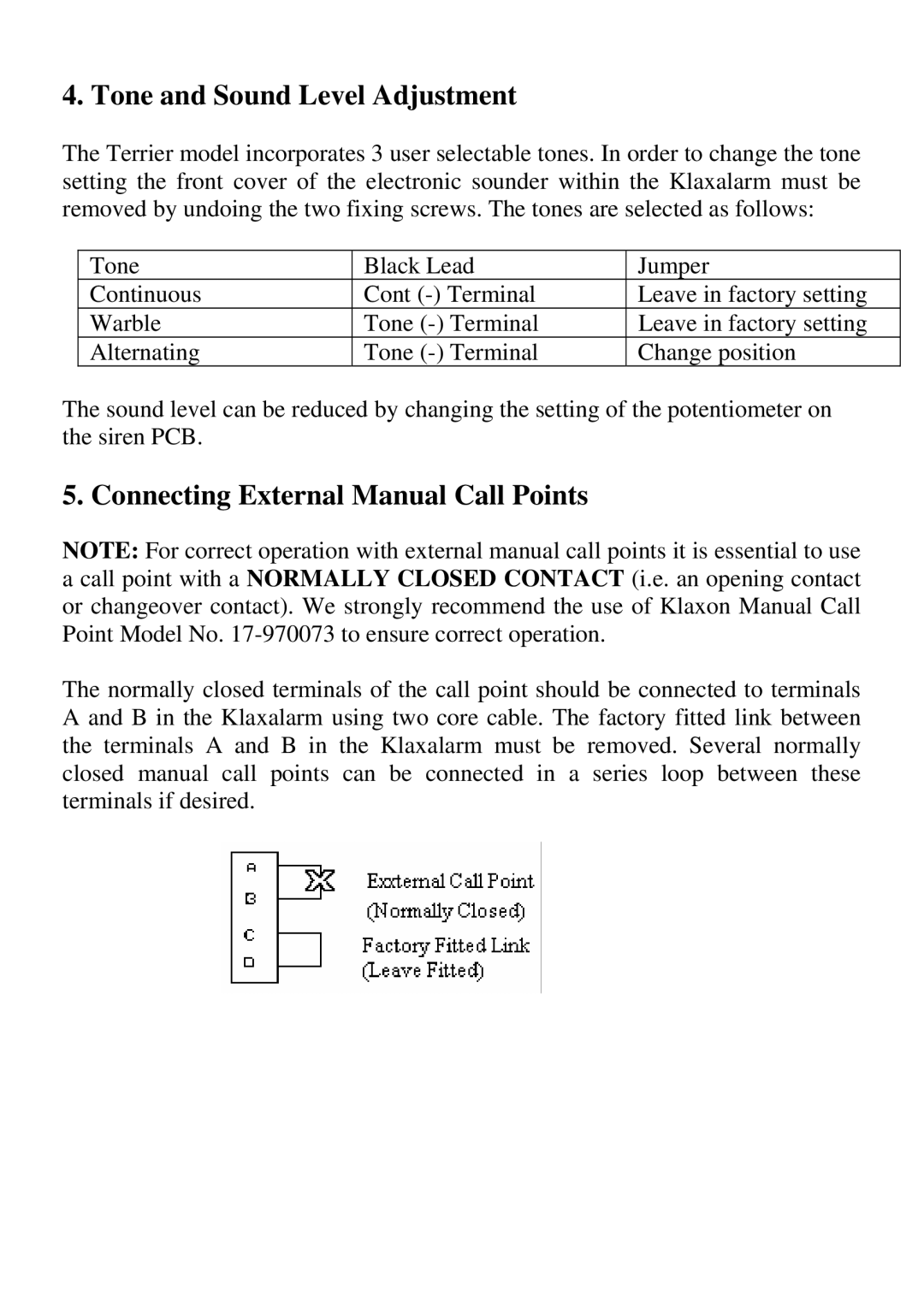 Klaxon 18-980181 installation instructions Tone and Sound Level Adjustment, Connecting External Manual Call Points 