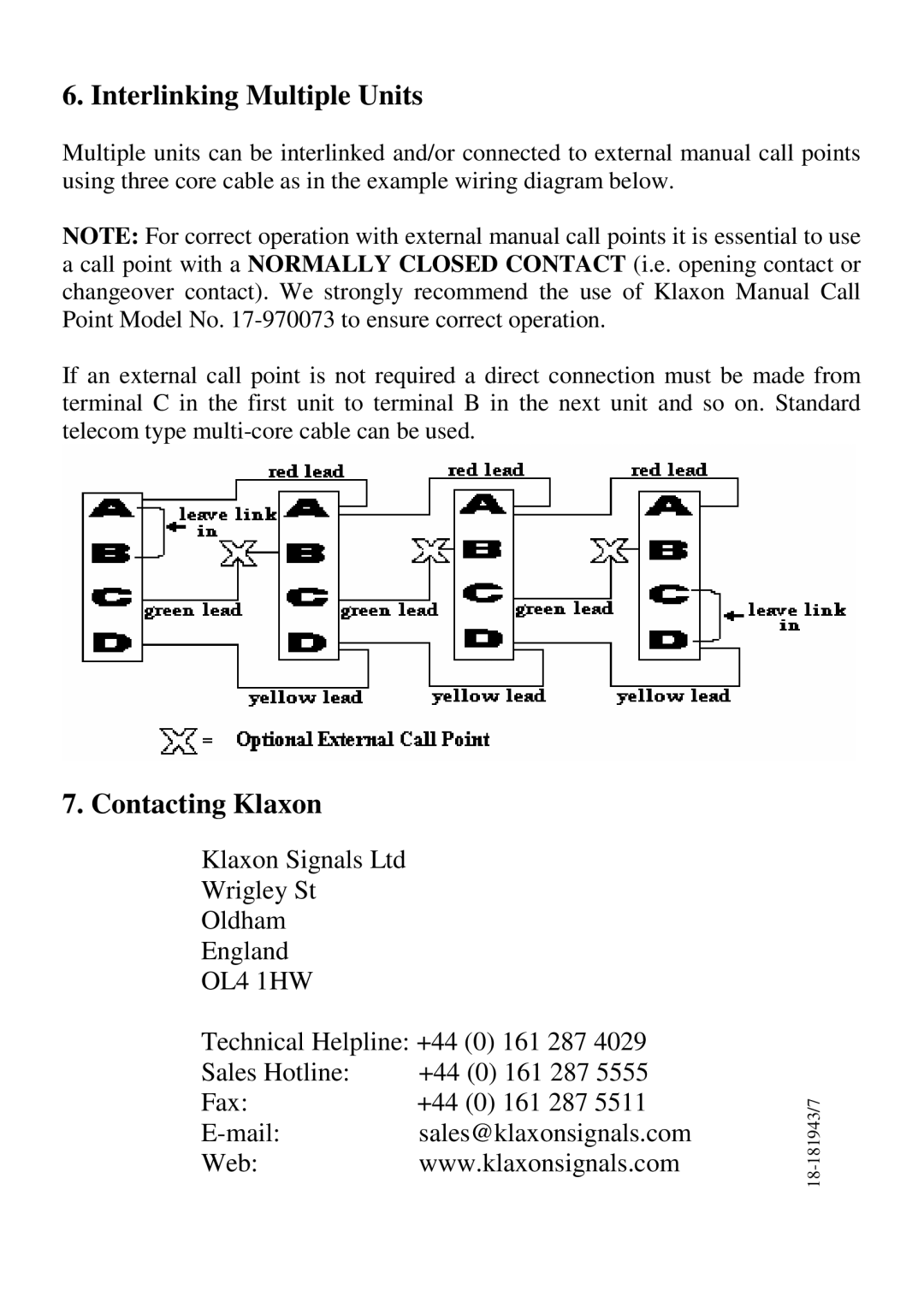 Klaxon 18-980181 installation instructions Interlinking Multiple Units, Contacting Klaxon 