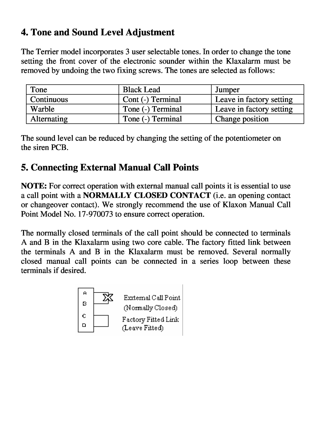 Klaxon 18-980181 installation instructions Tone and Sound Level Adjustment, Connecting External Manual Call Points 