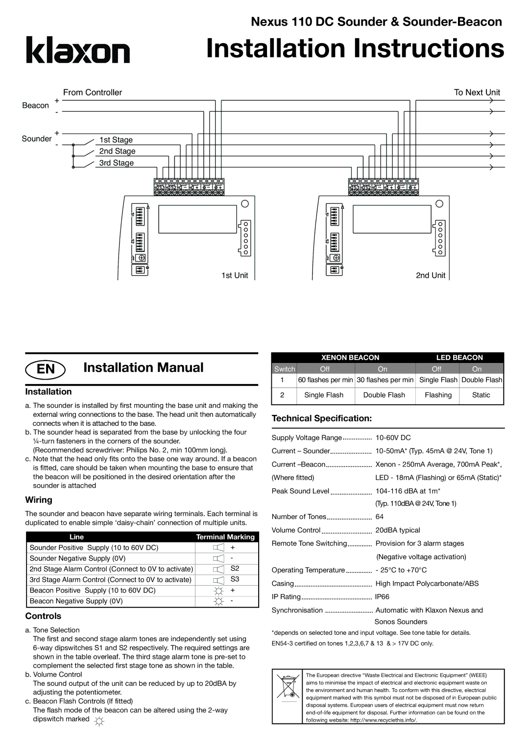 Klaxon 110 DC, 18-980665, 18-980555, 18-980662, 18-980589 Installation Manual, Wiring, Controls, Technical Specification 