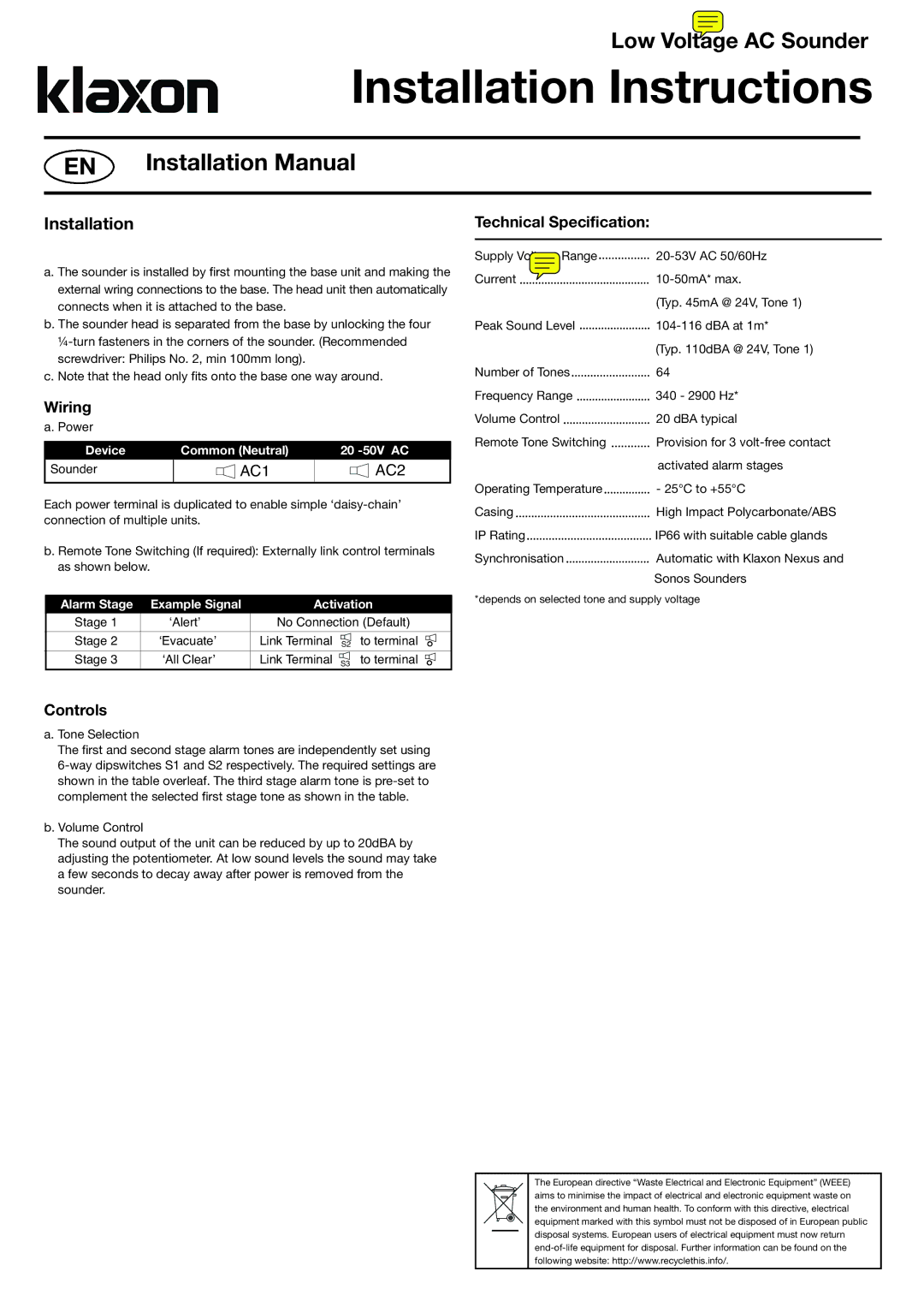 Klaxon AC Sounder & Sounder-Beacon installation instructions Low Voltage AC Sounder, Installation Manual, AC1 AC2 