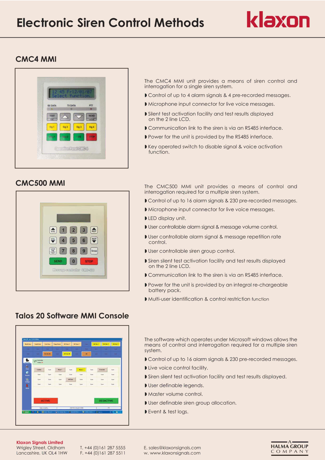 Klaxon CMC500 MMI, CMC4 MMI manual Electronic Siren Control Methods, Talos 20 Software MMI Console 