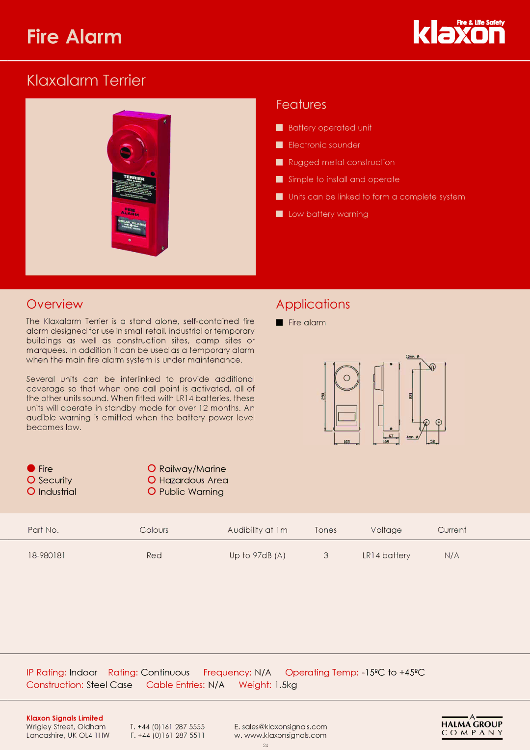 Klaxon Fire Alarm manual Klaxalarm Terrier, Features, Overview, Applications 