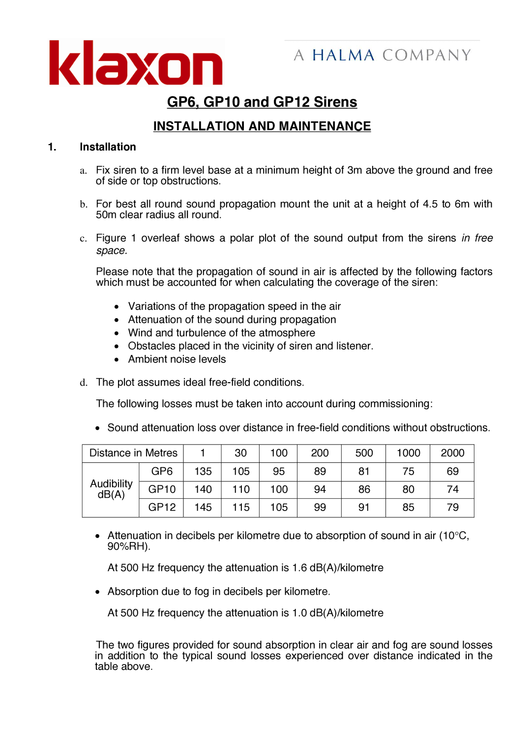 Klaxon manual GP6, GP10 and GP12 Sirens, Installation 