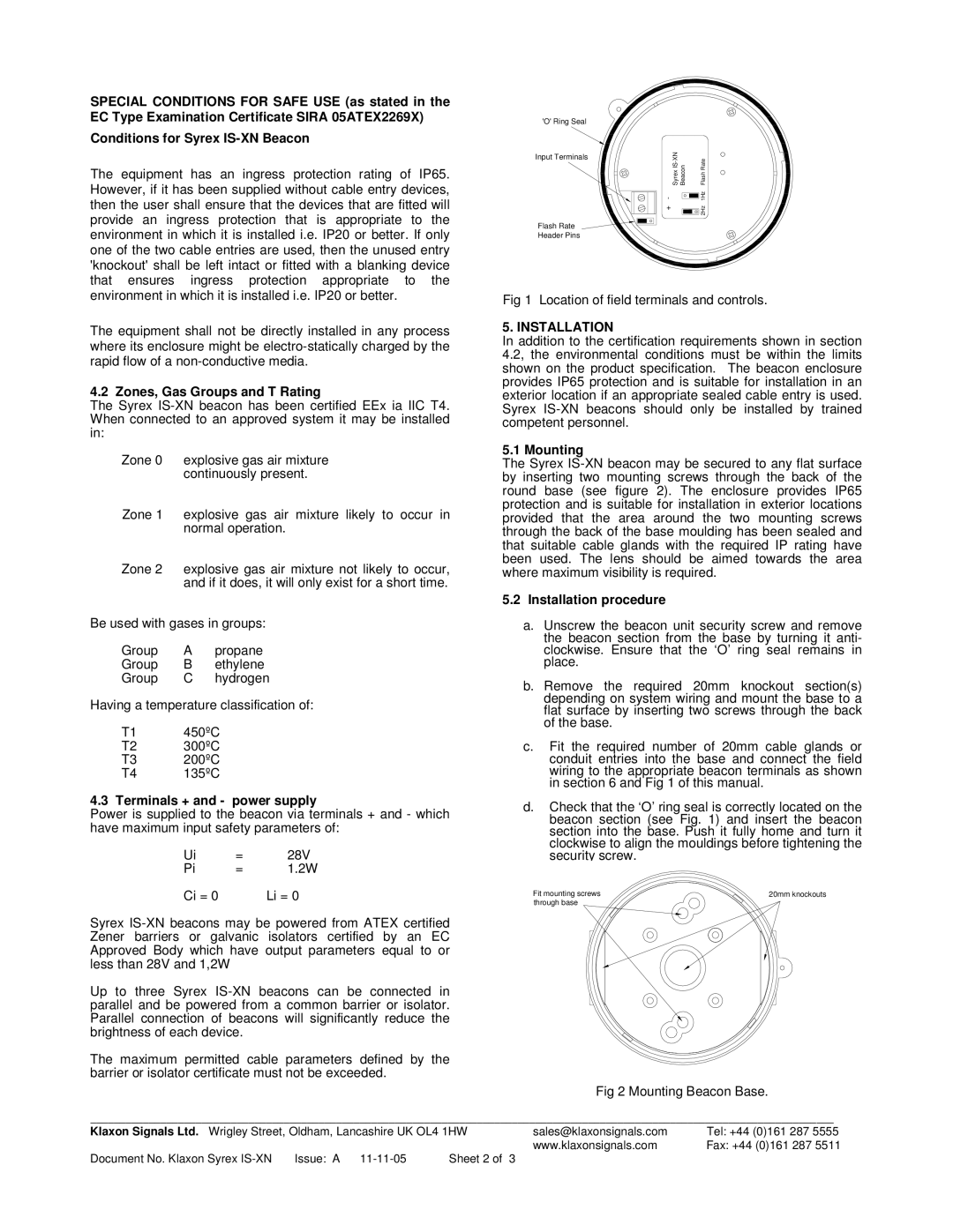 Klaxon Syrex IS-XN instruction sheet Zones, Gas Groups and T Rating, Terminals + and power supply, Installation, Mounting 