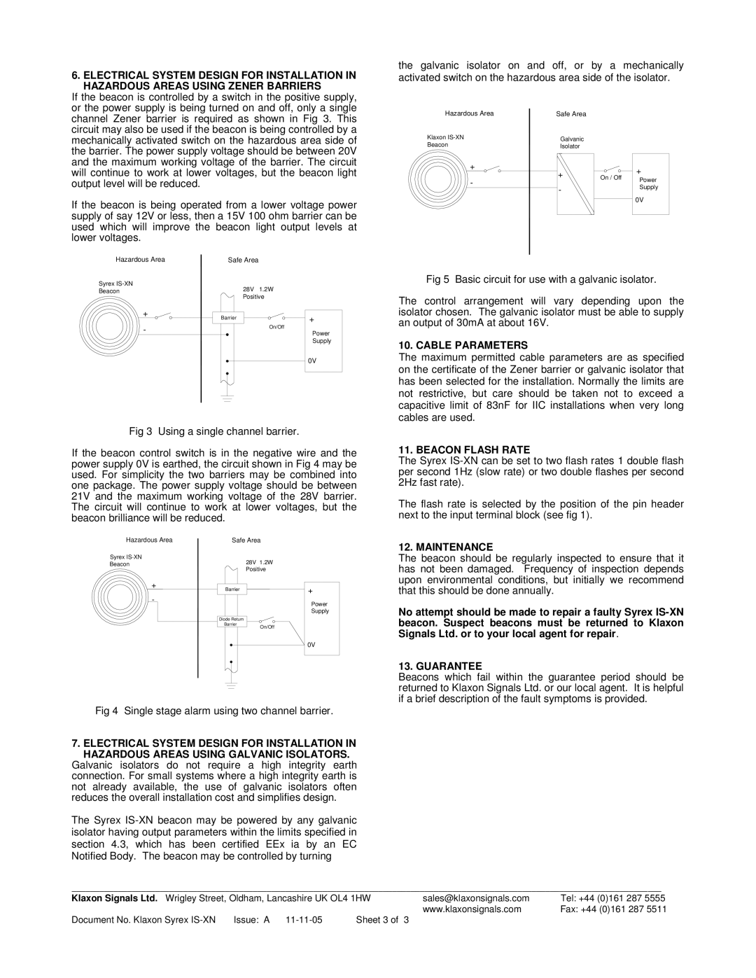 Klaxon Syrex IS-XN instruction sheet Cable Parameters, Beacon Flash Rate, Maintenance, Guarantee 