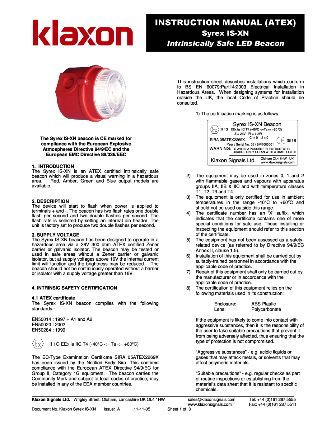 Klaxon Syrex IS-XN instruction sheet Introduction, Description, Supply Voltage, Intrinsic Safety Certification 