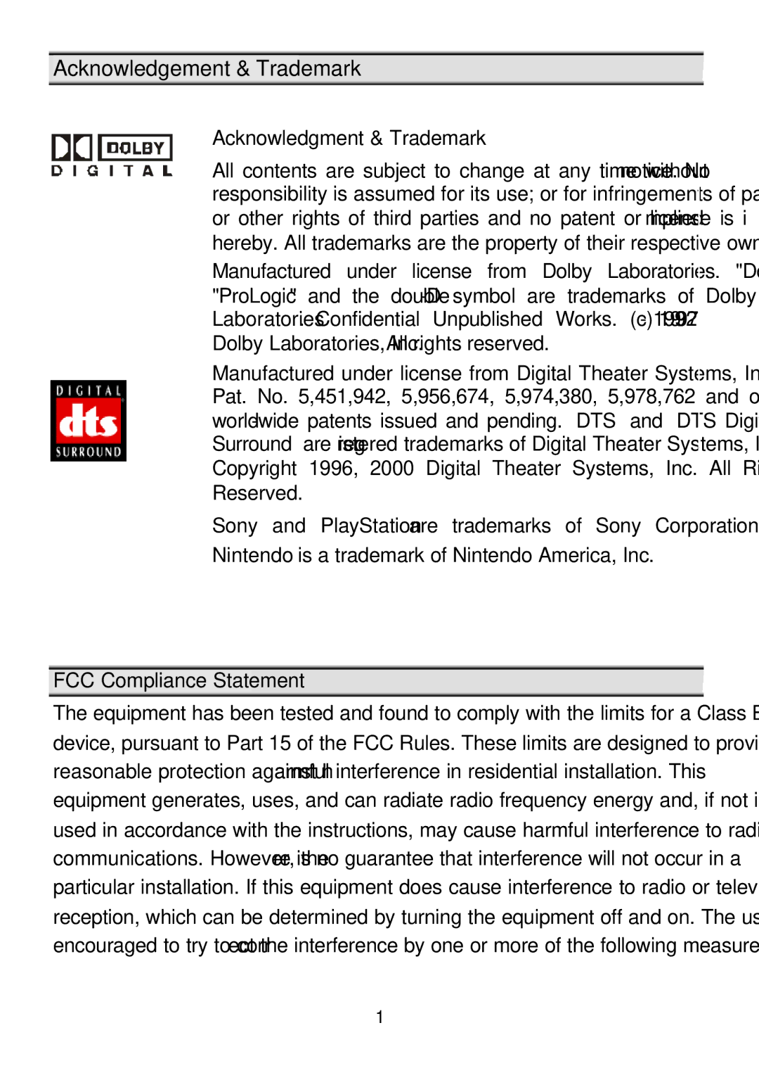 Klegg electronic M6 501P manual Acknowledgement & Trademark, Acknowledgment & Trademark, FCC Compliance Statement 