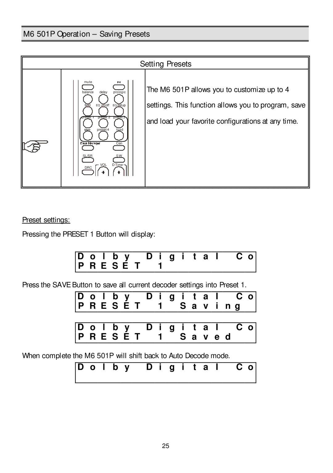 Klegg electronic manual M6 501P Operation Saving Presets, Setting Presets, Preset settings, G i t a I C o, E S E T 