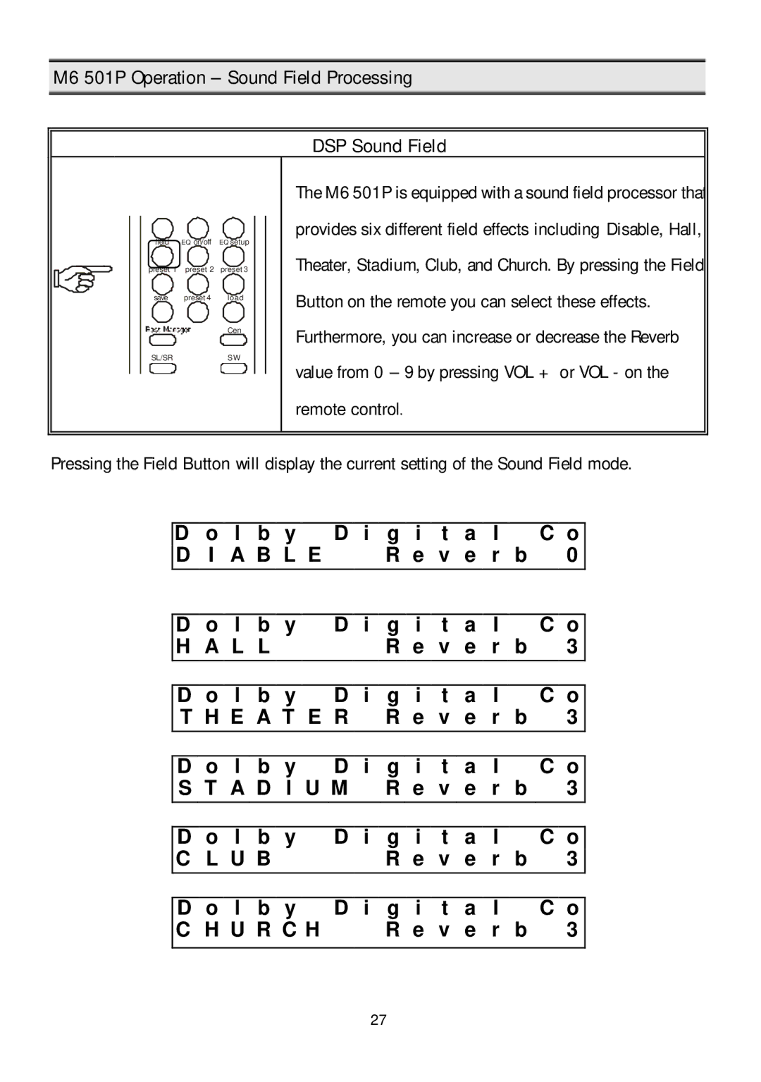 Klegg electronic manual M6 501P Operation Sound Field Processing, DSP Sound Field 