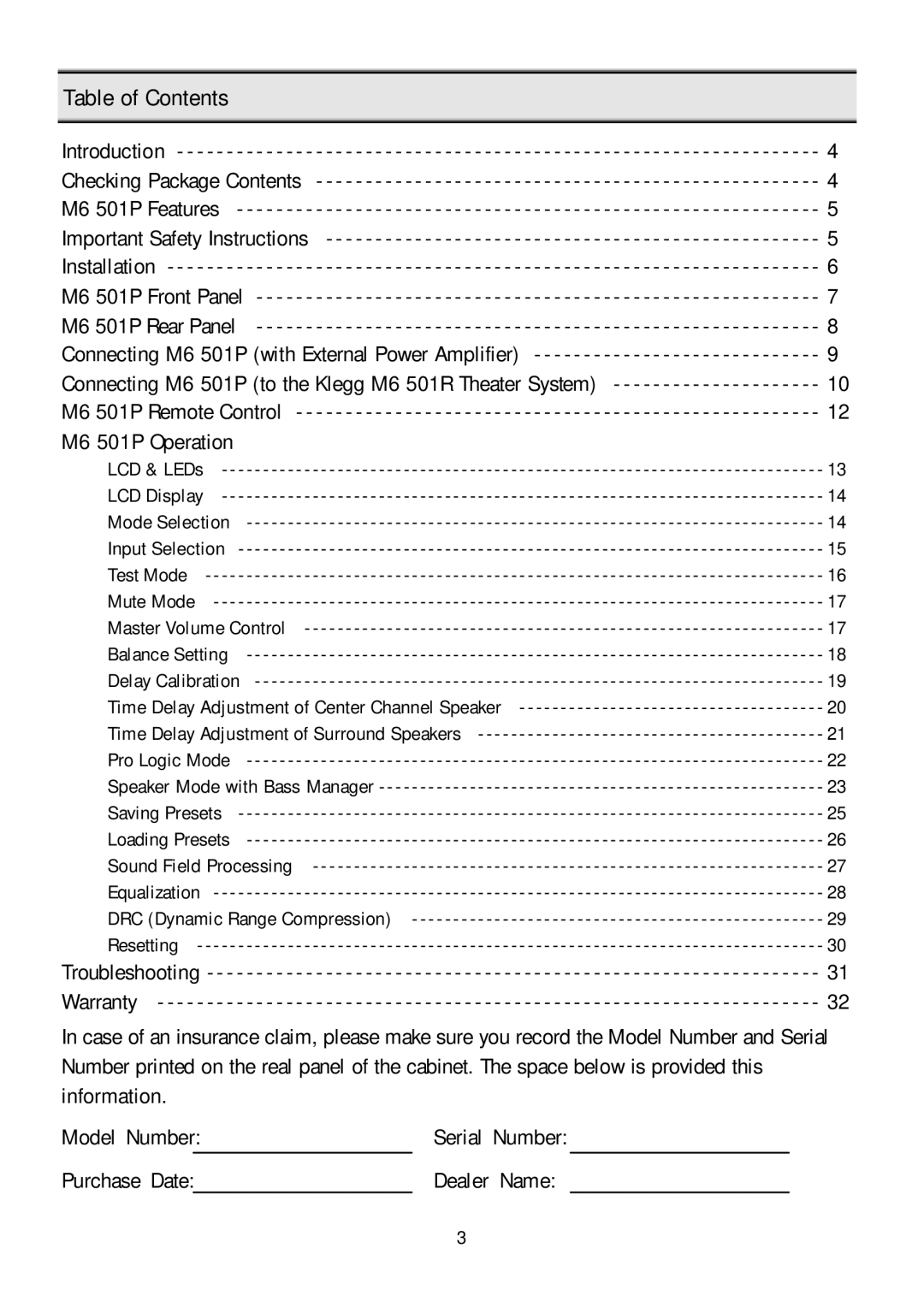 Klegg electronic M6 501P manual Table of Contents 