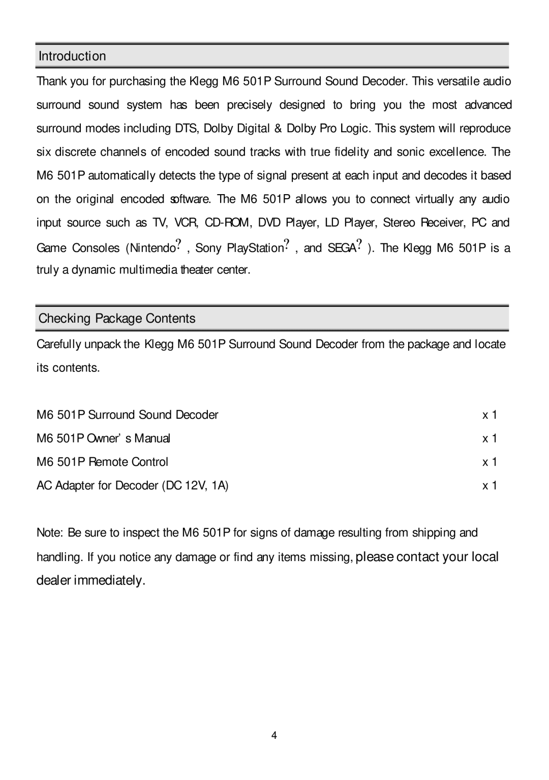 Klegg electronic M6 501P manual Introduction, Checking Package Contents 